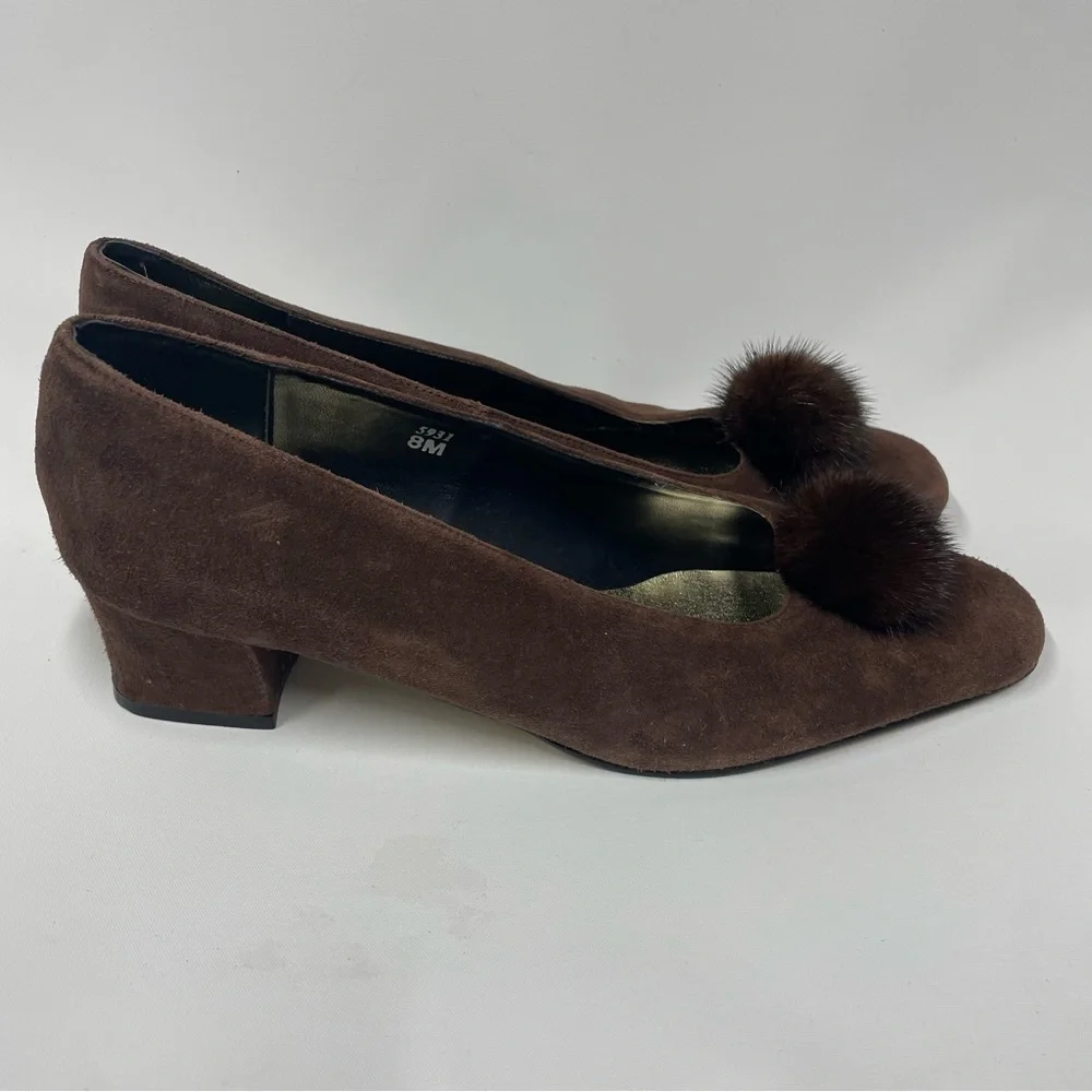 J. RENEE Brown Suede Leather Heel Pumps with Mink Fur Puff Ball Sz. 8 M - Picture 2 of 8